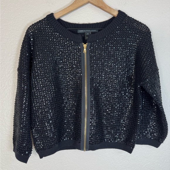 Vintage Y2K Marc by Marc Jacobs Black Wool Sequin Zip Cardigan Sweater Medium - Picture 1 of 13